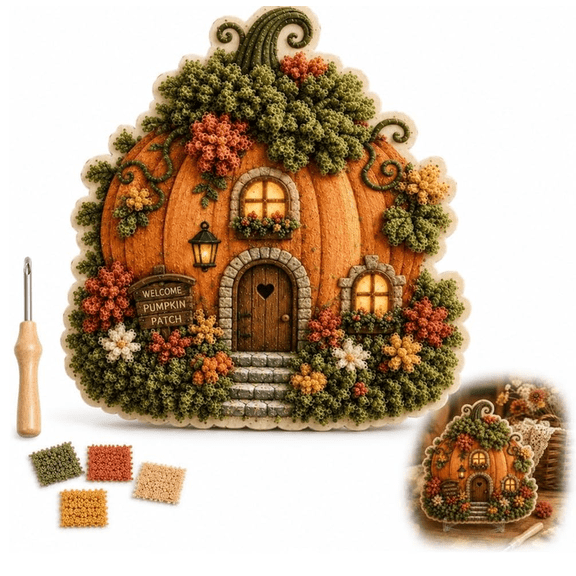 Whimsical Village 3D Fabric Poke Art Kit | Cottage Craft No Sew Press Technique Simple Illustrated Guide Six Fantasy Styles Relaxing Creative Hobby (Pumpkin Patch)