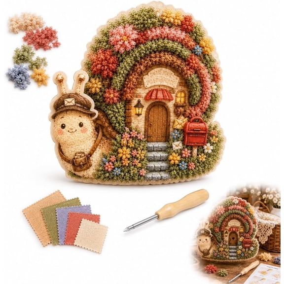Whimsical Village 3D Fabric Poke Art Kit, Cottage Poke Art Crafts | Puncture Sewing Craft for Adults, Rabbit Floral Mushroom Bookshelf Decor, Handmade Birthday Christmas Halloween Gifts(Snail Mail)