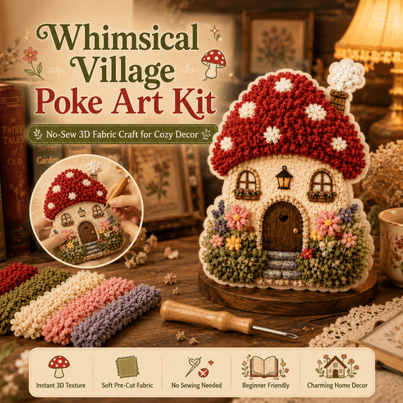 Whimsical Village 3D Fabric Poke Art Kit, Cottagecore DIY Fabric Craft Kit for Adults, No Sew Embroidery Art with Poke Tool, Fantasy Village Handmade Wall Decor Gift