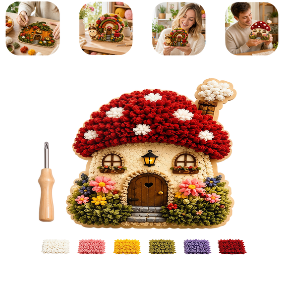 Whimsical Village 3D Fabric Poke Art Kit, Floral Mushroom Cottage,Creative Craft Set, Flowers Activity Summer Gift Home Decor Craft for Adult Beginner Handmade Hobby Gift D