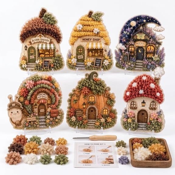 Whimsical Village 3D Fabric Poke Art Kit, Floral Mushroom Cottage, Creative Craft Set, Flowers Activity Summer Gift Home Decor Craft for Adult Beginner Handmade Hobby Gift (Moon Moth)