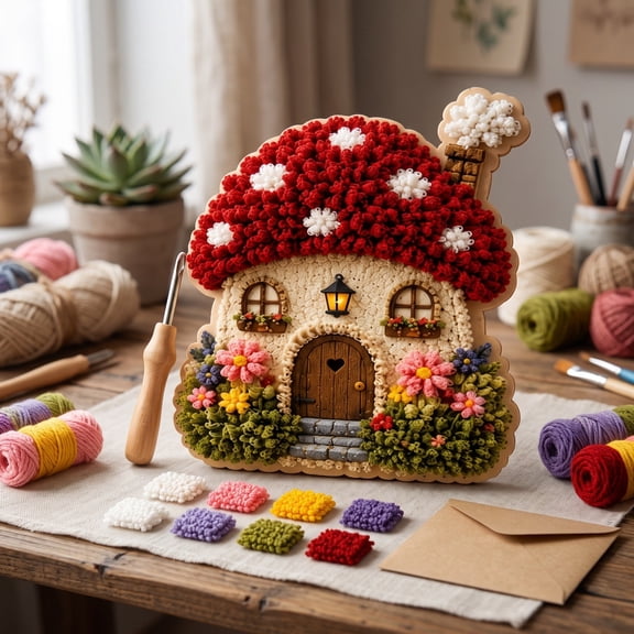 Whimsical Village 3D Fabric Poke Art Kit, Floral Mushroom Cottage | Creative Craft Set, Flowers Activity Summer Gift Home Decor, Easy Punch Needle Crafting Project for Beginners, Handmade Hobby Gift