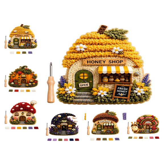 Whimsical Village 3D Fabric Poke Art Kit, No-Sew Fabric Poke Set with Step-by-Step Tutorial, Calming Activity for Tabletop Ornament (Honey Shop)