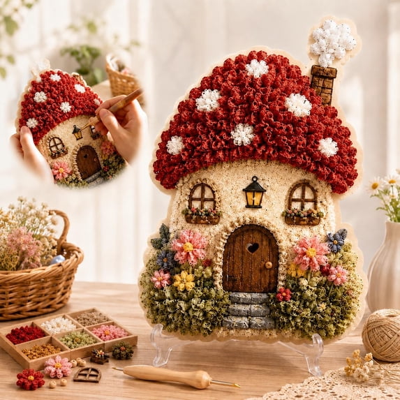 Whimsical Village 3D Fabric Poke Art Kit, Poke Art Kits for Adults, Creative Screen-Free Activity for Weekend Crafting and Unique Gift Idea (Mushroom)