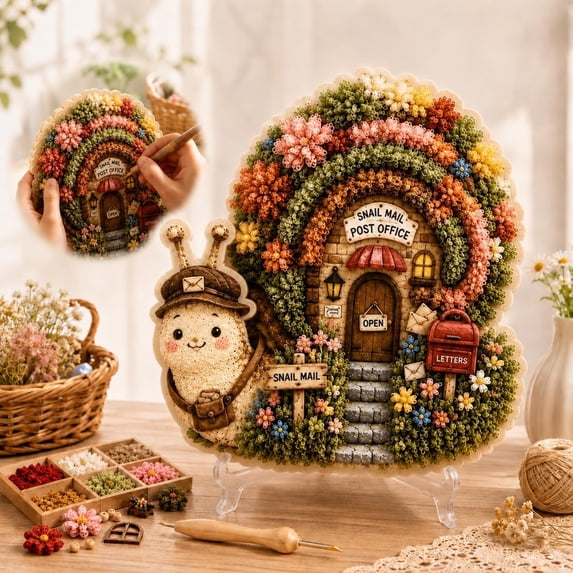 Whimsical Village 3D Fabric Poke Art Kit, Poke Art Kits for Adults, Creative Screen-Free Activity for Weekend Crafting and Unique Gift Idea (Snail Mail)