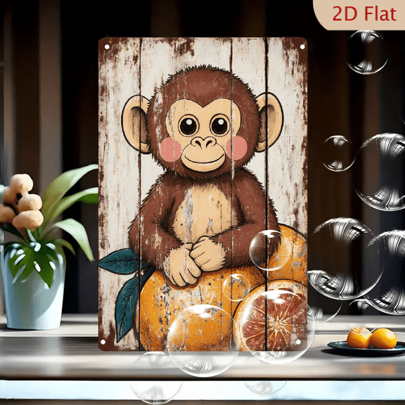 Whimsical Vintage Baby Monkey Art Print, Rustic Wood Background with Citrus Fruits, 8x12 Inches Metal Wall Decor for Nursery or Kitchen