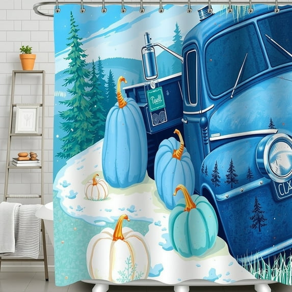 Whimsical Vintage Blue Truck Shower Curtain with Pine Trees & Pumpkins
