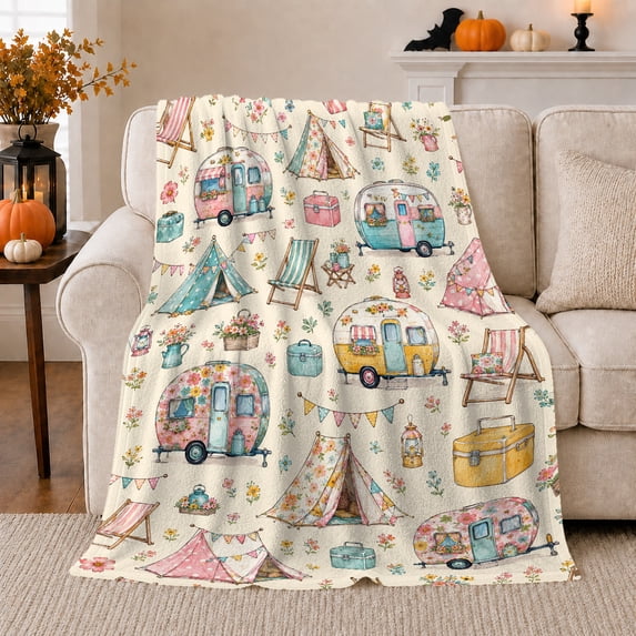 Whimsical Vintage Camping Trailers Tents Cream, Rustic Camping Scene, Warm Flannel Blanket for Cabin and Lodge with Detailed Artwork, Outdoor Lovers Camping Gift, Festive Home Decor