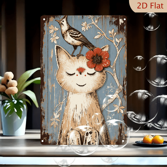 Whimsical Vintage Cat with Bird & Red Flower on Blue Wood Wall, 8x12 Inch Metal Art Print, Serene Folk Style Home Decor