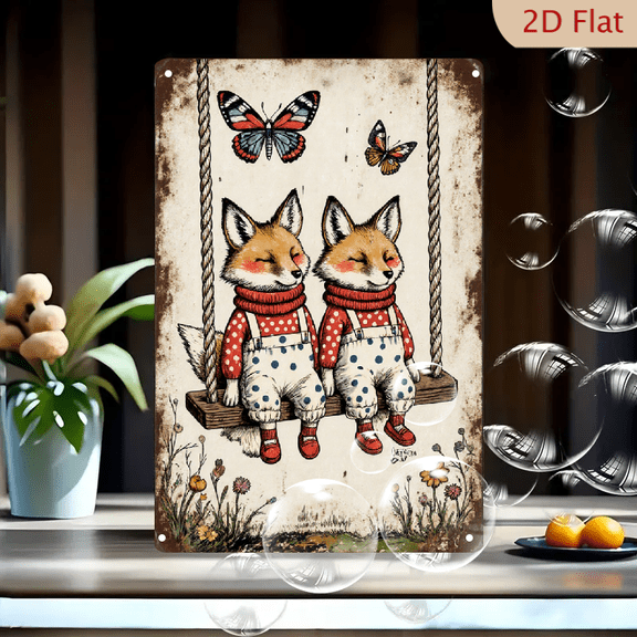 Whimsical Vintage Foxes on Swing Wall Art, 8x12 Inches Metal Tin Sign, Cute Anthropomorphic Foxes in Polka Dot Outfits with Butterflies, Cozy Retro Decor for Home Living Room Bedroom