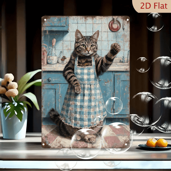 Whimsical Vintage Kitchen Cat Art, 8x12 Inch Metal Wall Decor, Anthropomorphic Tabby in Blue Apron, Rustic Home Painting for Cozy Nostalgic Spaces