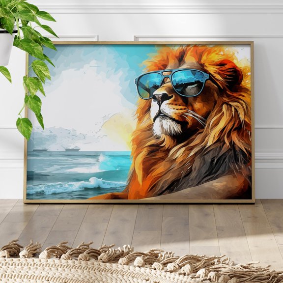 Whimsical Vintage Lion on the Beach Realistic Ink Wall Art Print