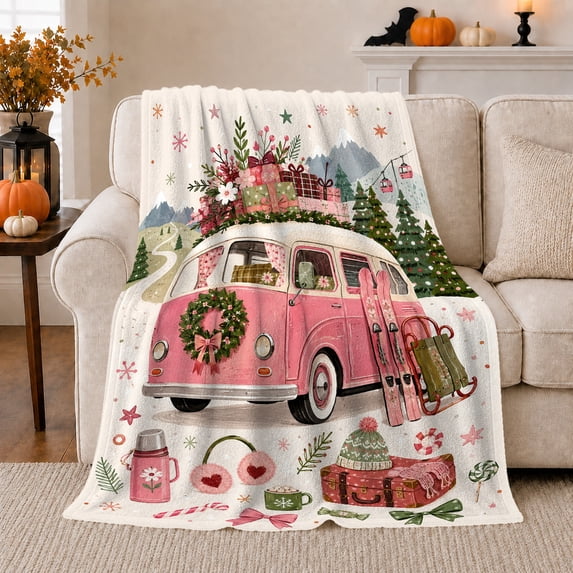 Whimsical Vintage Pink Bus Snowy Village Presents Christmas, Festive Holiday Scene, Warm Flannel Blanket for Living Room and Family Room, Art Lovers Valentine's Day Gift, Festive Home Decor