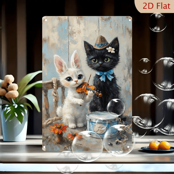 Whimsical Vintage Rabbit and Cat Musicians 8x12 Inches Metal Wall Art, Adorable Fluffy Bunny Violinist & Dapper Black Cat with Drum, Rustic Pastoral Storybook Decor for Living Room, Nursery, Kitchen