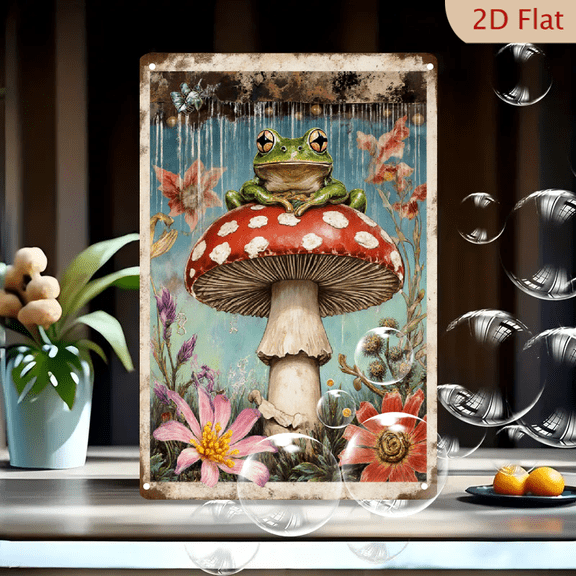 Whimsical Vintage Red Mushroom with Frog and Flowers, 8x12 Inch Metal Wall Art for Magical Forest Home Decor