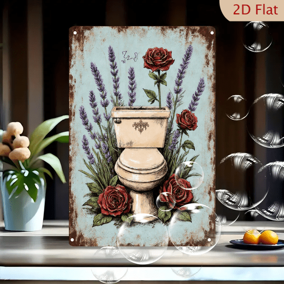 Whimsical Vintage Toilet Art Print 8x12 inches, Rustic Cream Porcelain with Red Roses & Lavender, Shabby Chic Cottagecore Wall Decor on Textured Blue Background
