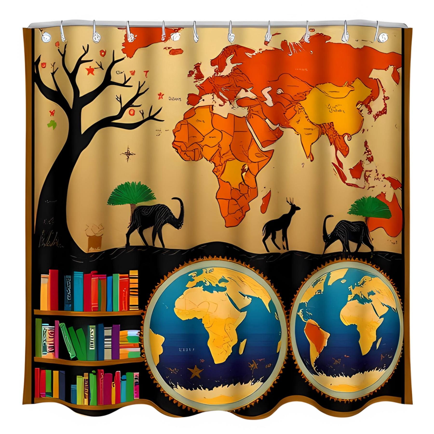 Whimsical Vintage World Map Shower Curtain with African Animals and ...