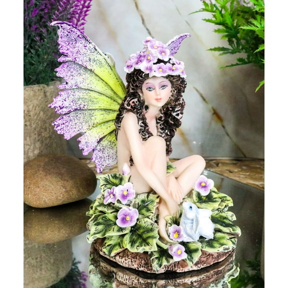Whimsical Violet Purple Girl Fairy Sitting On Pansy Garden Bed Pixie Figurine