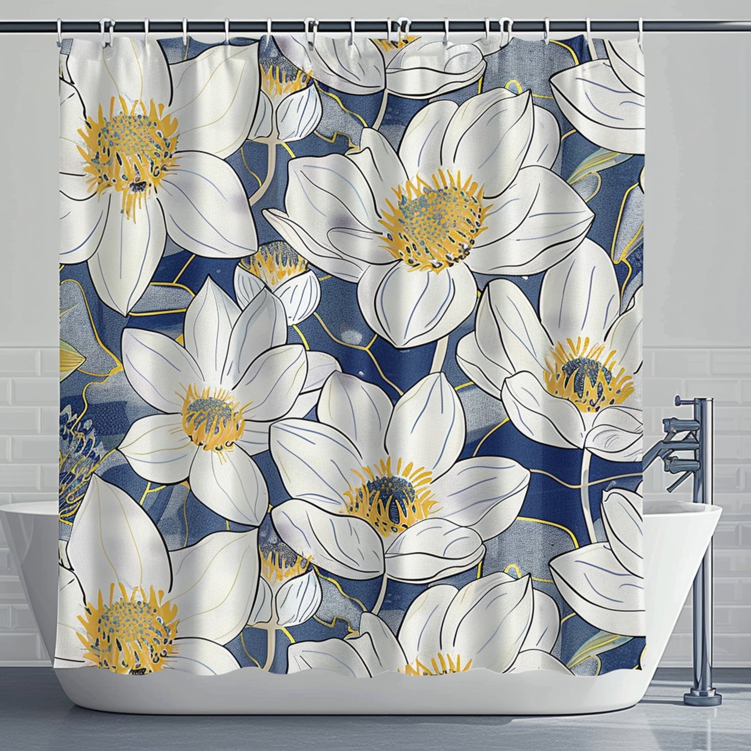 Whimsical Water Lily Shower Curtain Blue White Grey Mustard Yellow