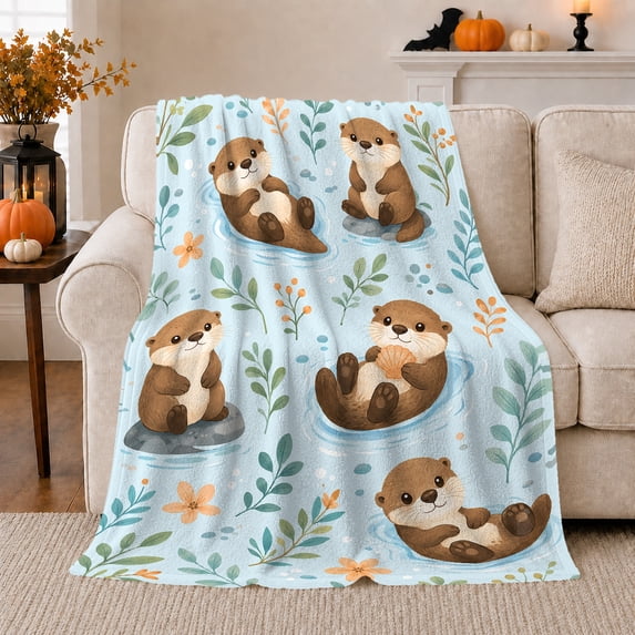 Whimsical Water Otter Floating Ripples Leaves Cute Cartoon, Playful Artistic Scene, Warm Flannel Blanket for Sunroom and Reading Nook, Garden Lovers Housewarming Gift, Playful Home Decor