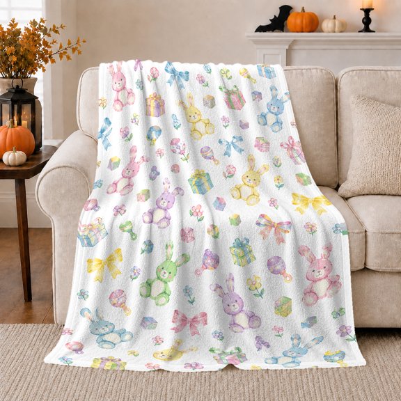 Whimsical Watercolor Bunny Box Pattern Spring young animal, Festive Botanical Garden Scene, Warm Flannel Blanket for Sunroom and Reading Nook, Garden Lovers Housewarming Gift, Artistic Home Decor