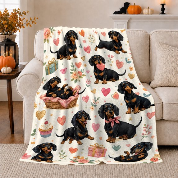 Whimsical Watercolor Dachshund Dog Pink Heart Pattern, Playful Food Art Scene, Warm Flannel Blanket for Living Room and Reading Nook, Dog Lovers Friendship Gift, Pet Lover Home Decor