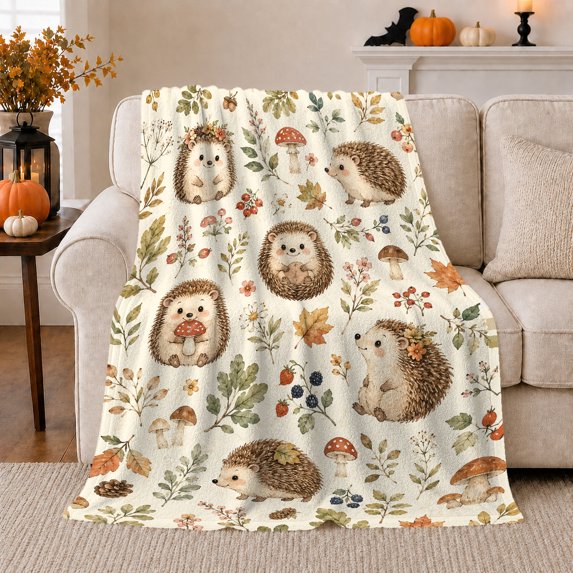 Whimsical Watercolor Hedgehog, Playful Woodland Scene, Warm Flannel Blanket for Cabin and Lodge with Detailed Artwork, Garden Lovers Thanksgiving Gift, Botanical Home Decor