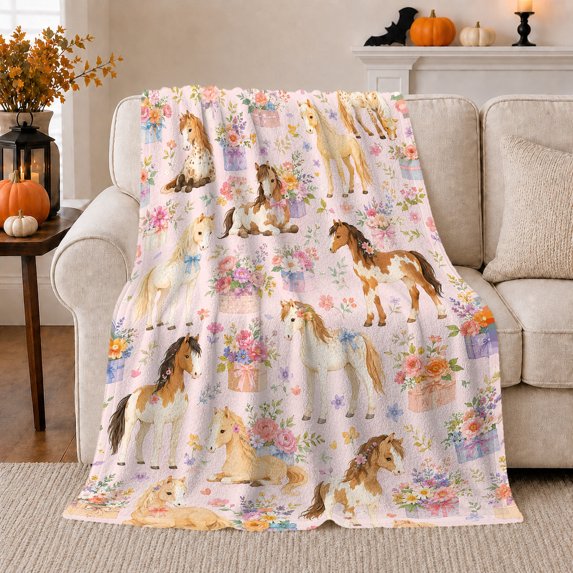 Whimsical Watercolor Horse Floral Bouquet Collage, Rustic Farmhouse Horse Scene, Warm Flannel Blanket for Ranch House and Living Room, Horse Lovers Valentine's Day Gift, Rustic Home Decor