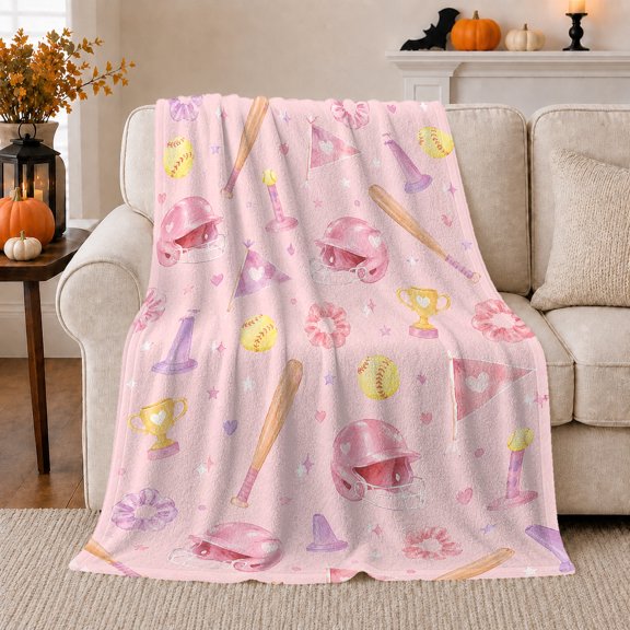 Whimsical Watercolor Softball Baseball Equipment, Playful Celestial Scene, Warm Flannel Blanket for Home Library and Reading Nook, Art Lovers Valentine's Day Gift, Celestial Home Decor