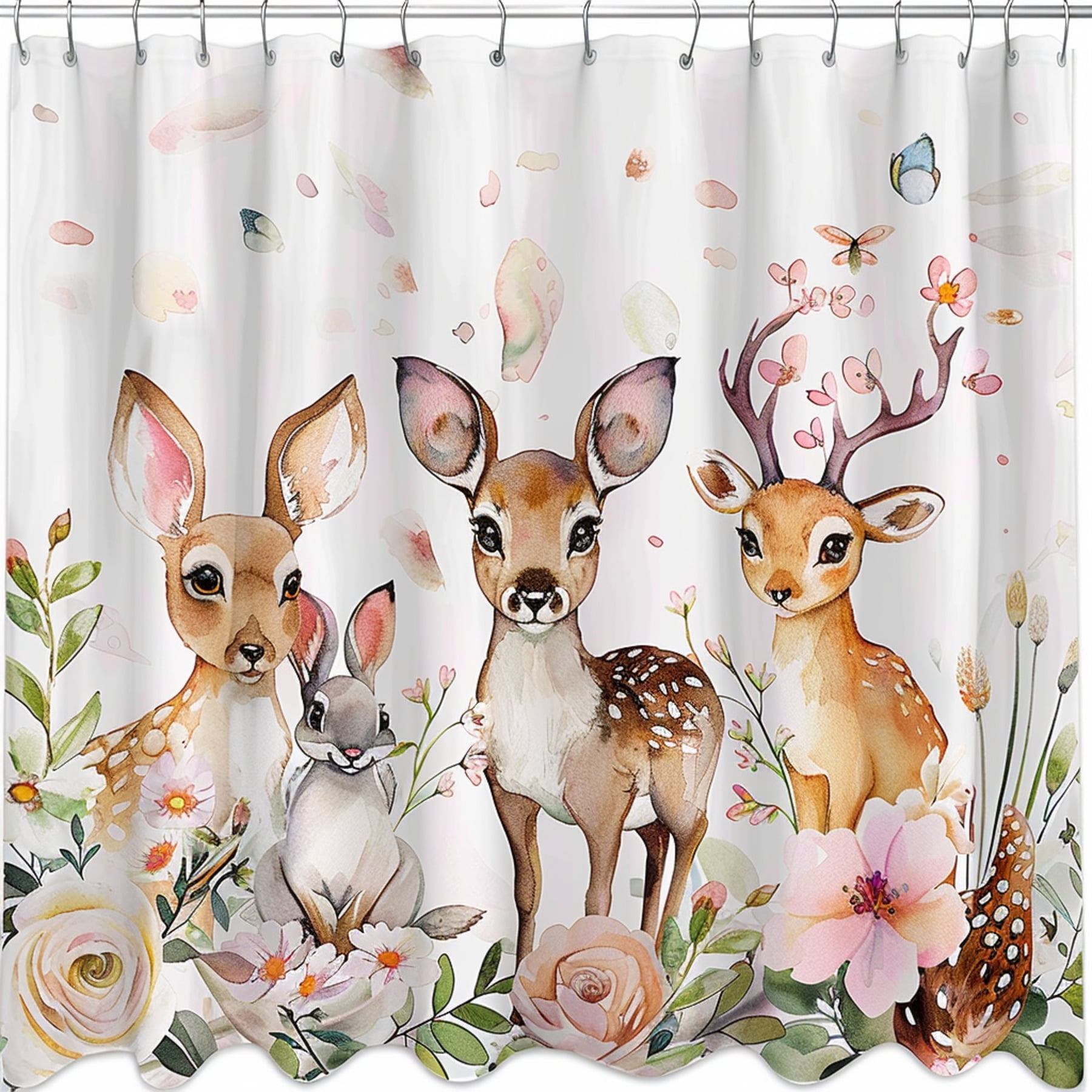 Whimsical Watercolor Woodland Animals Shower Curtain Deer and Rabbits