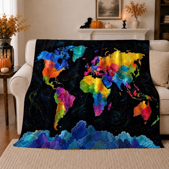 Whimsical Watercolor World Map Galaxy Art, Cozy Celestial Scene, Warm Flannel Blanket for Office and Dorm with Detailed Artwork, Art Lovers Graduation Gift, Celestial Home Decor