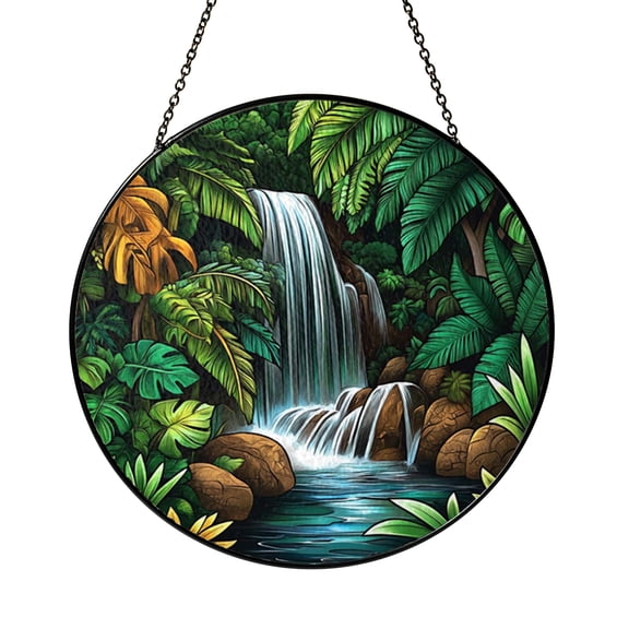 Whimsical Waterfall Stained Glass Suncatcher, Jungle Forest Window Hanging Art, Nature Inspired Decorative Panel, Tropical Stream Design, Cozy Home Decor, Gift for Landscape Lovers