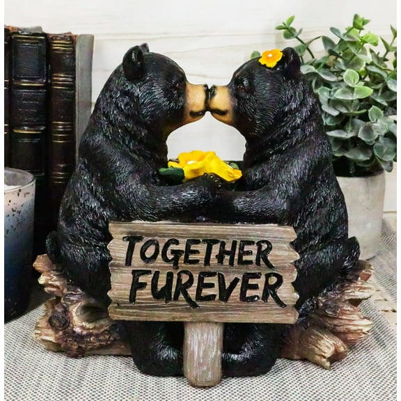Whimsical Wedding Vows Black Bear Couple Kissing By Tree Log Statue 7" Tall