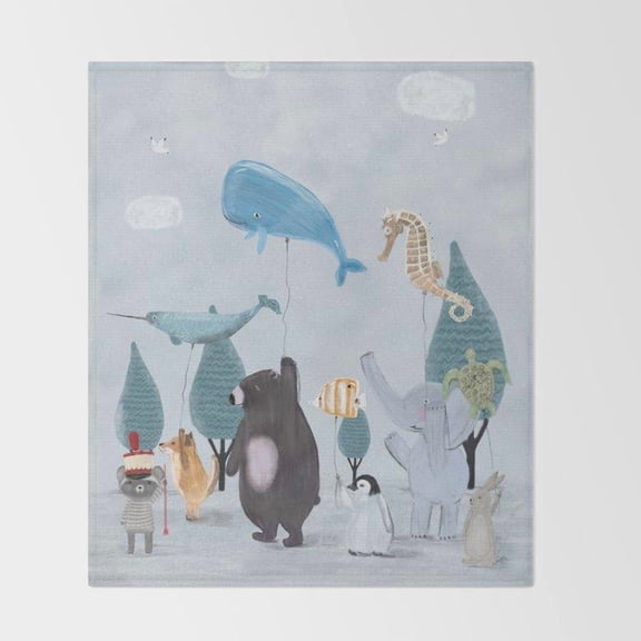 Whimsical Whale, Bear and Elephant Parade Blue Gray Polyester Fleece Blanket, 280 GSM, Couch and Bed Decor