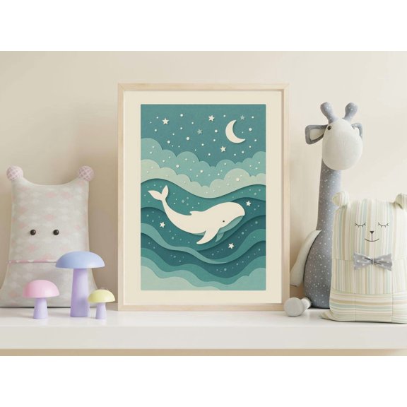 Whimsical Whale In Waves Poster Print Ocean Wall Art In Paper Cut Effect Style Dreamy Nautical Home Decor Nursery Print Nature Lover
