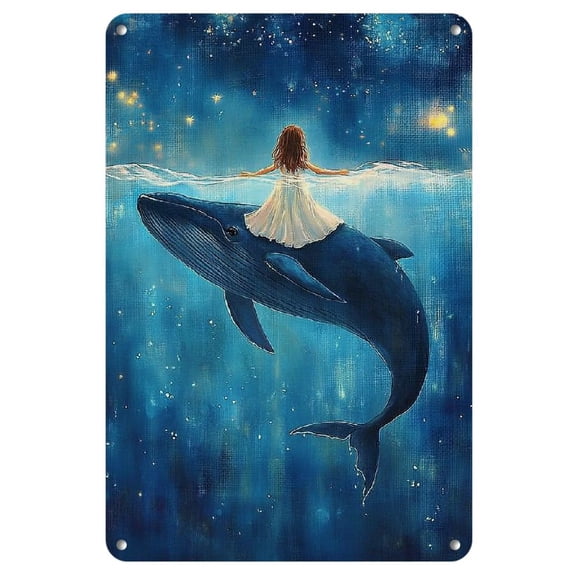 Whimsical Whale & Girl Night Sky Watercolor Iron Wall Art, 8x12 inches - Perfect for Home, Bedroom, Living Room, or Cafe Decor, Perfect for Room Decor