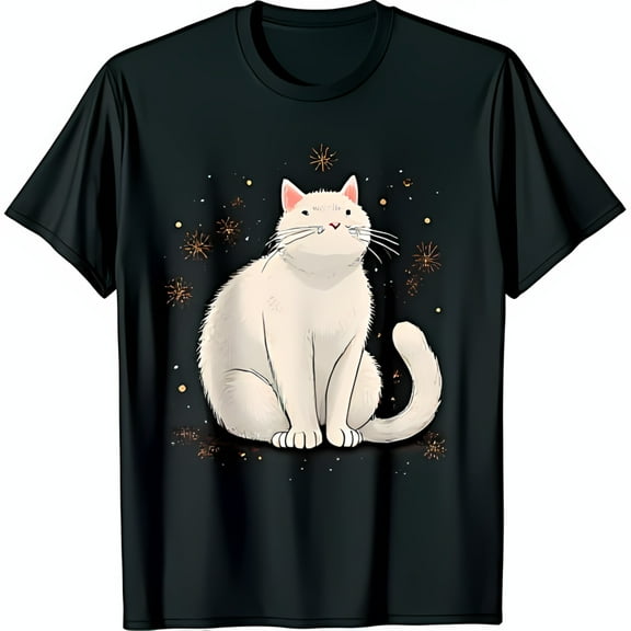 Whimsical White Cat T-Shirt with Gold Dots Cute Cat Design for Cat Lovers