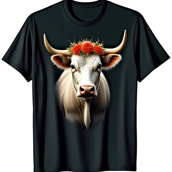 Whimsical White Cow with Flower Crown Graphic on Bold Black T-Shirt