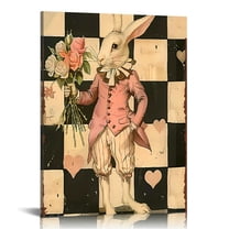 Whimsical White Rabbit Canvas wall art Print, Elegant Dressed Rabbit with Bouquet, Vintage Checkered Background - framed Wall Art Poster for Living Room, Bedroom - Charming Gift Idea