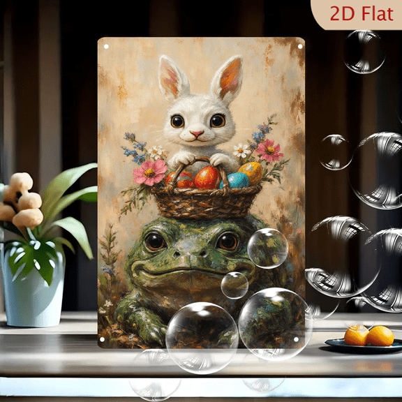 Whimsical White Rabbit and Green Toad Easter Art, 8x12 Inch Metal Wall Decor, Cute Bunny Holding Basket of Colorful Eggs with Wildflowers, Fantasy Storybook Style for Home Nursery