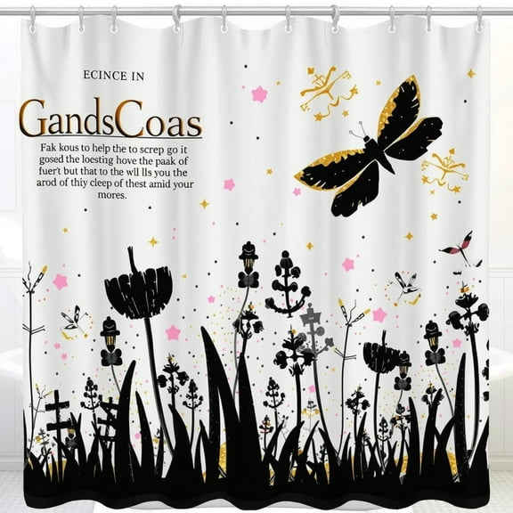 Whimsical White Shower Curtain with Black & Gold Garden
