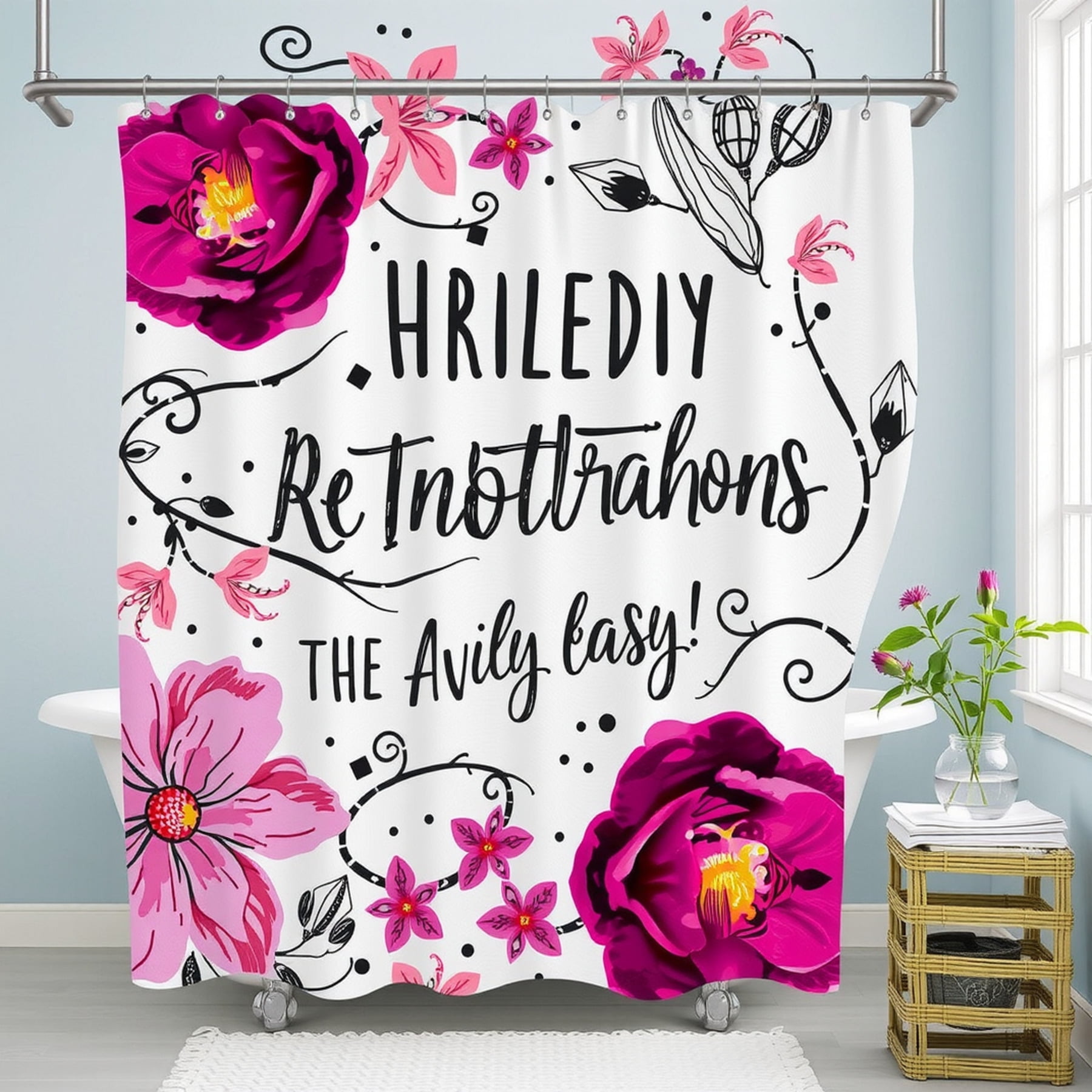 Whimsical White Shower Curtain with Bold Black Inscription & Floral ...