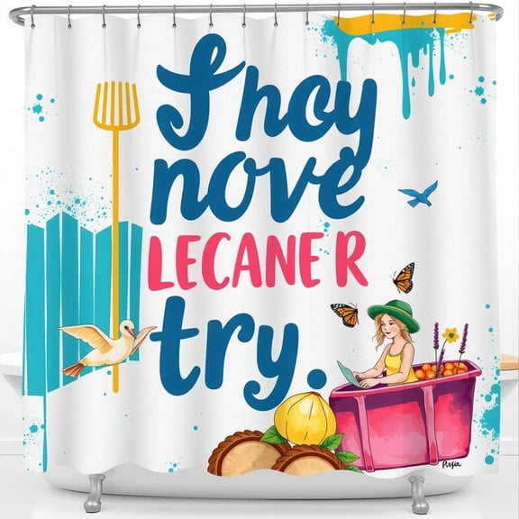 Whimsical White Shower Curtain with Colorful Graphic Design & Nature Elements