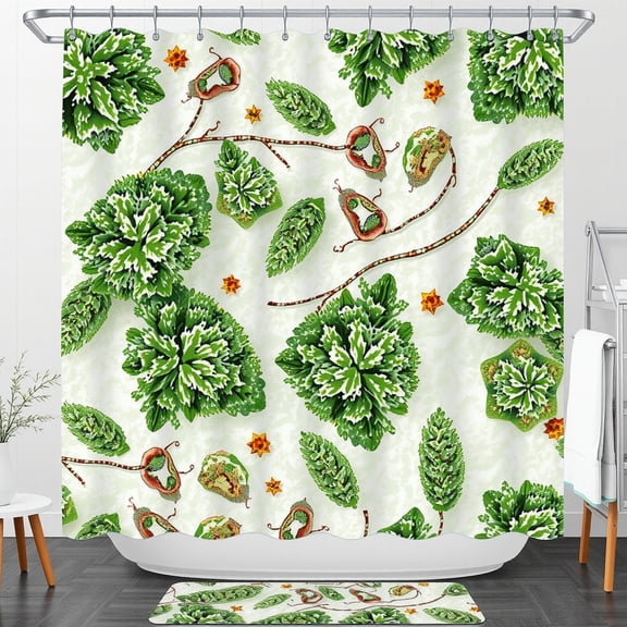 Whimsical White Shower Curtain with Green Leaves & Orange Stars