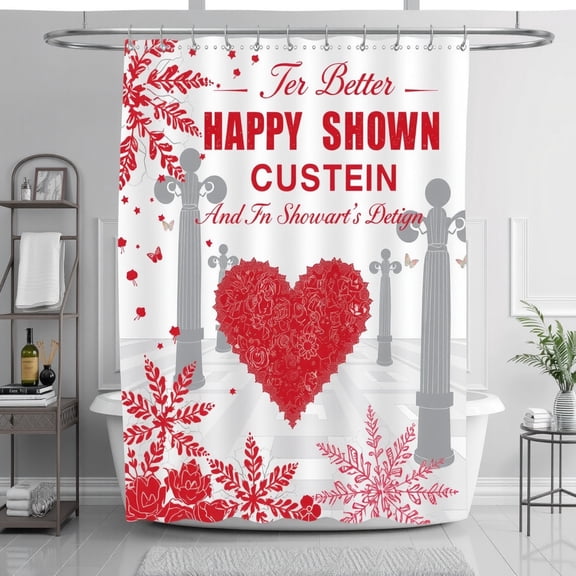 Whimsical White Shower Curtain with Red Heart Design & Floral Accents for Romantic Bathrooms