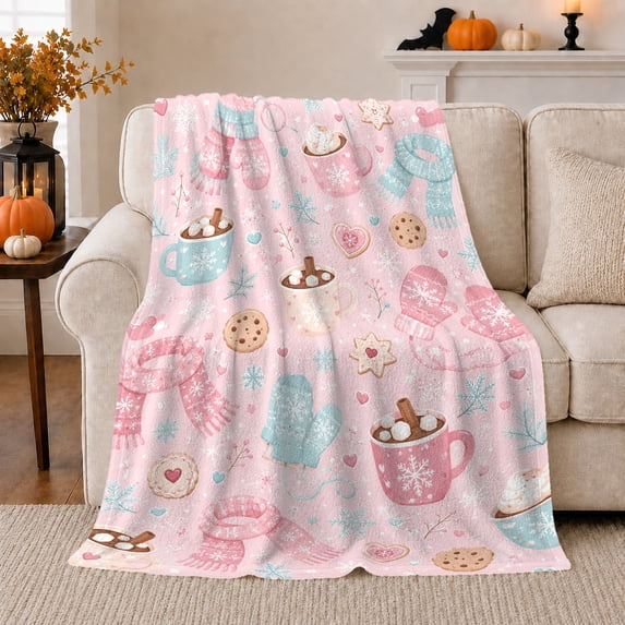 Whimsical Winter Cocoa Mittens Pattern, Festive Holiday Scene, Warm Flannel Blanket for Living Room and Reading Nook, Art Lovers Friendship Gift, Artistic Home Decor