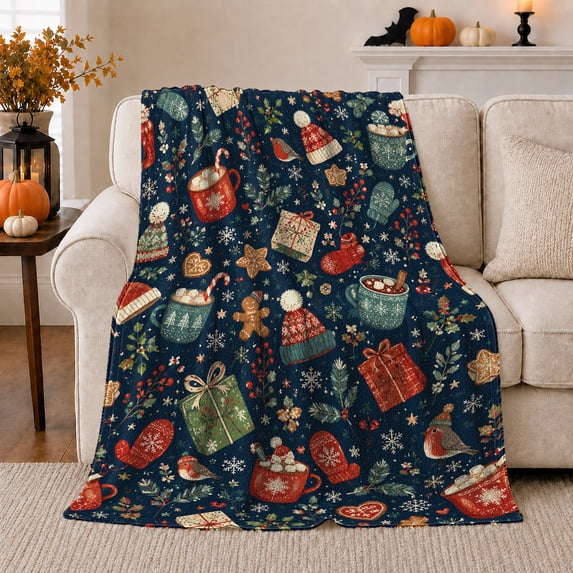 Whimsical Winter Cocoa Mug Pattern, Festive Holiday Scene, Warm Flannel Blanket for Living Room and Reading Nook, Art Lovers Friendship Gift, Festive Home Decor