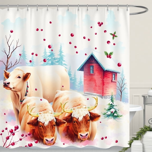 Whimsical Winter Cows Shower Curtain - Festive Snowy Scene with Red House & Trees