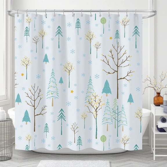 Whimsical Winter Forest Shower Curtain - Light Blue with Trees & Snowflakes