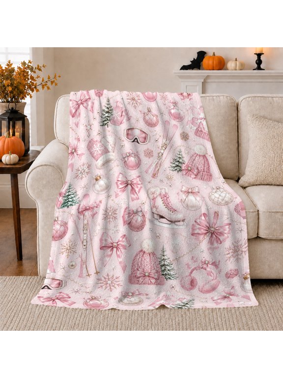 Whimsical Winter Holiday Scene Pink Bows Beanies Ski, Festive Holiday Scene, Warm Flannel Blanket for Home Library and Reading Nook, Art Lovers Housewarming Gift, Artistic Home Decor